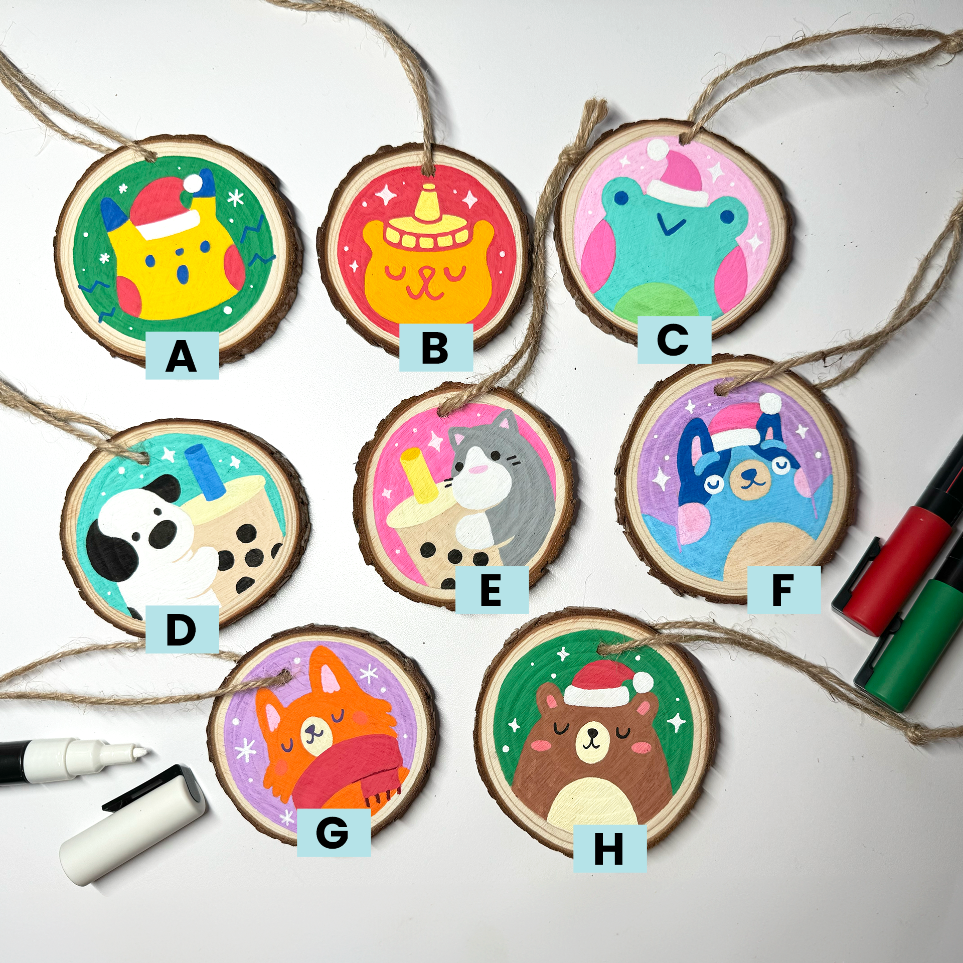 Illustrated Wood Slice Ornaments